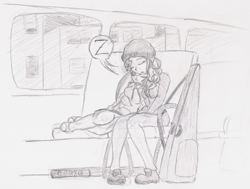 Size: 1727x1307 | Tagged: safe, artist:wryte, character:sonata dusk, character:sunset shimmer, alternate hairstyle, beanie, braided ponytail, bus, casio, clothing, female, grayscale, guitar, hat, head on shoulder, keyboard, lesbian, monochrome, musical instrument, not sure if shipping, shipping, sleeping, snoring, snuggling, sunata, traditional art, z