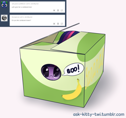Size: 1723x1620 | Tagged: safe, artist:galekz, character:twilight sparkle, species:pony, ask, ask-kitty-twi, banana, behaving like a cat, box, cute, pony in a box, tumblr, twiabetes, twilight cat, weapons-grade cute