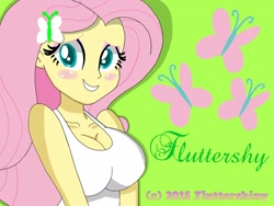 Size: 3648x2736 | Tagged: safe, artist:swagalicious-tony, artist:worldofdimensions, character:fluttershy, my little pony:equestria girls, blush sticker, blushing, breasts, bust, busty fluttershy, cleavage, colored pupils, female, green background, looking at you, portrait, simple background, solo