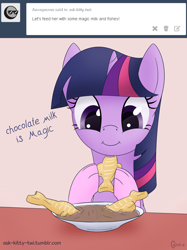 Size: 1280x1708 | Tagged: safe, artist:galekz, character:twilight sparkle, ask, ask-kitty-twi, behaving like a cat, chocolate milk, cookie, cute, female, fish, solo, tumblr, twiabetes, twilight cat