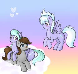 Size: 1000x950 | Tagged: safe, artist:marikaefer, character:cloudchaser, character:flitter, oc, oc:fuselight, species:pegasus, species:pony, ask flitter and cloudchaser, cloud, female, mare, prone, rule 63