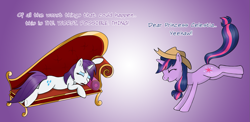 Size: 1221x594 | Tagged: safe, artist:marikaefer, character:rarity, character:twilight sparkle, alternate hairstyle, clothing, couch, duo, eyes closed, hat, implied applejack, mane swap, role reversal, text