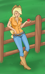 Size: 575x950 | Tagged: safe, artist:marikaefer, character:applejack, eyes closed, female, fence, humanized, obligatory apple, solo