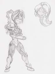 Size: 1219x1621 | Tagged: safe, artist:wryte, character:sonata dusk, character:sunset shimmer, :3, alternate hairstyle, braided ponytail, crossover, grayscale, injured, metroid, metroid (species), monochrome, powersuit, race swap, samus aran, traditional art, wtf
