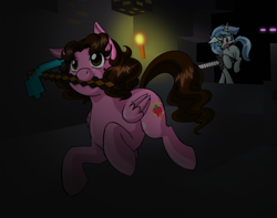 Size: 1024x806 | Tagged: safe, artist:boastudio, oc, oc:frozen rose, oc:shinta pony, species:pegasus, species:pony, don't mine at night, hoof hold, mouth hold, open mouth, parody, pickaxe, ponified, running, scared, smiling, sword, weapon, wide eyes