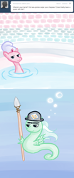 Size: 500x1200 | Tagged: safe, artist:alipes, character:pinkie pie, species:sea pony, ask, ask pinkie pierate, bath, clothing, comic, hat, pirate, spear, tumblr, underwater, weapon
