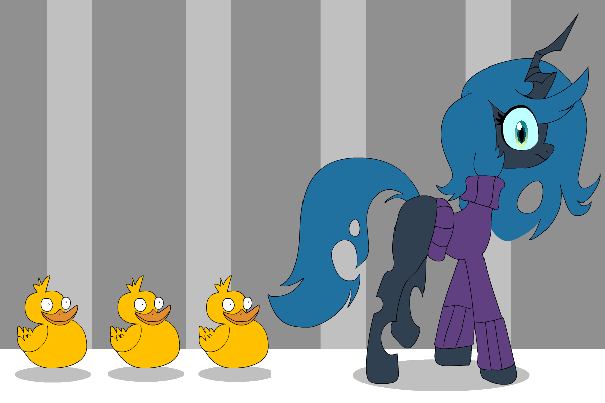 Size: 1200x800 | Tagged: safe, artist:jokerpony, character:queen chrysalis, species:duck, animated, ask teen chrysalis, clothing, female, following, frown, looking back, shirt, smiling, sweater, walking, wat, wide eyes