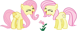 Size: 1328x548 | Tagged: safe, artist:alisonwonderland1951, character:fluttershy, character:posey, species:earth pony, species:pegasus, species:pony, g1, g4, duo, eyes closed, female, flower, flutteryay, g1 to g4, generation leap, mare, yay