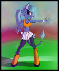 Size: 562x676 | Tagged: safe, artist:prodius, oc, oc only, oc:hester, species:anthro, species:minotaur, belly button, cheerleader, clothing, female, midriff, pleated skirt, ponytail, shoes, skirt, skirt lift, socks, solo