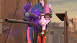 Size: 1280x720 | Tagged: safe, artist:fd-daylight, character:twilight sparkle, species:pony, species:unicorn, 3d, building, crossover, dog tags, female, glasses, glowing horn, gun, hooves, horn, levitation, magic, mare, one eye closed, optical sight, rifle, smiling, sniper, sniper rifle, solo, source filmmaker, sunglasses, team fortress 2, teeth, telekinesis, twilight sniper, weapon, window