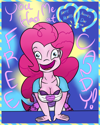 Size: 800x1000 | Tagged: safe, artist:wryte, character:pinkie pie, episode:hearts and hooves day, g4, my little pony: friendship is magic, my little pony:equestria girls, big grin, breast squeeze, breasts, busty pinkie pie, cleavage, excited, female, hearts and hooves day cards, humanized, text