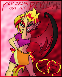 Size: 800x1000 | Tagged: safe, artist:wryte, character:sunset satan, character:sunset shimmer, episode:hearts and hooves day, g4, my little pony: friendship is magic, my little pony:equestria girls, alternate hairstyle, belly button, blushing, breasts, clothing, demon, fangs, flirty, hearts and hooves day cards, humanized, midriff, side slit, skirt, sunset satan, tailed humanization, text, transformation, underboob, winged humanization