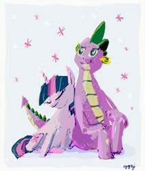 Size: 1021x1200 | Tagged: safe, artist:cygaj, character:spike, character:twilight sparkle, ship:twispike, adult spike, female, male, older, shipping, straight