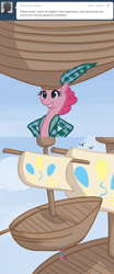 Size: 500x1200 | Tagged: safe, artist:alipes, character:pinkie pie, species:earth pony, species:pony, ask, ask pinkie pierate, bipedal, clothing, comic, female, hat, mare, pirate, ship, solo, tumblr