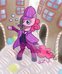 Size: 1000x1200 | Tagged: safe, artist:alipes, character:pinkie pie, species:pony, bipedal, clothing, detective, female, hat, pipe, solo