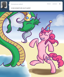 Size: 500x600 | Tagged: safe, artist:alipes, character:pinkie pie, species:sea serpent, ask, ask pinkie pierate, clothing, eyes closed, hat, party hat, tumblr