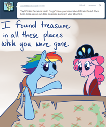 Size: 1000x1200 | Tagged: safe, artist:alipes, character:pinkie pie, character:rainbow dash, species:pony, ask, ask pinkie pierate, bipedal, clothing, eyepatch, hat, map, pirate, sword, tumblr, weapon