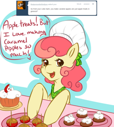 Size: 900x1000 | Tagged: safe, artist:tiki-sama, character:apple bumpkin, apple family member, ask, cake, caramel apple (food), chef's hat, clothing, dialogue, hat, solo, tumblr