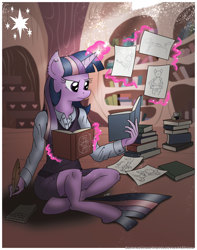 Size: 3750x4768 | Tagged: safe, artist:greenlinzerd, character:derpy hooves, character:twilight sparkle, species:anthro, species:unguligrade anthro, absurd resolution, book, clothing, diagram, dust motes, ear fluff, extra pony, female, fine art parody, implied applejack, implied fluttershy, implied pinkie pie, implied rainbow dash, implied rarity, ink, magic, notepad, quill, solo, studying, tank top, telekinesis, vitruvian man
