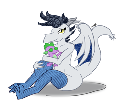 Size: 1515x1264 | Tagged: safe, artist:greenlinzerd, character:spike, non-mlp oc, oc, oc:ayira-ianah, species:anthro, species:dragon, anthro dragon, anthro oc, clothing, curvy, plushie, smiling, socks, solo, spike plushie, thigh highs, yira with socks