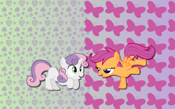 Size: 2560x1600 | Tagged: safe, artist:alicehumansacrifice0, artist:m99moron, artist:spaceponies, character:scootaloo, character:sweetie belle, species:pegasus, species:pony, species:unicorn, ship:scootabelle, abstract background, crouching, duo, female, filly, foal, lesbian, lidded eyes, shipping, wallpaper