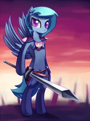 Size: 597x800 | Tagged: safe, artist:negativefox, oc, oc only, species:pony, armor, bipedal, sword, unconvincing armor, weapon