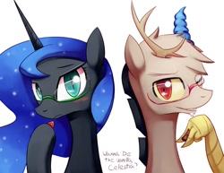 Size: 1100x850 | Tagged: safe, artist:negativefox, character:discord, character:nightmare moon, character:princess luna, species:alicorn, species:draconequus, species:pony, glasses, implied threesome, tsundere moon