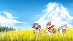 Size: 3000x1700 | Tagged: safe, artist:phuocthiencreation, character:apple bloom, character:scootaloo, character:sweetie belle, species:earth pony, species:pegasus, species:pony, species:unicorn, g4, angry, ao dai, bipedal, blushing, clothing, cloud, cutie mark crusaders, female, hoof hold, one eye closed, open mouth, scootaloo is not amused, signature, sky, three quarter view, unamused, vietnam, wink