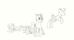 Size: 1211x660 | Tagged: safe, artist:derek the metagamer, character:fluttershy, character:rainbow dash, character:twilight sparkle, oc, oc:derek the metagamer, species:changeling, changelingified, crude sketch, damuro, dashling, female, flutterling, flying, lineart, male, monochrome, muro
