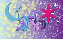 Size: 2560x1600 | Tagged: safe, artist:alicehumansacrifice0, artist:mixermike622, artist:ooklah, character:trixie, character:twilight sparkle, species:pony, species:unicorn, ship:twixie, cutie mark, female, kissing, lesbian, mare, shipping, wallpaper