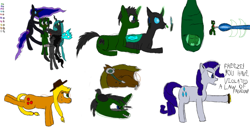 Size: 1400x766 | Tagged: safe, artist:derek the metagamer, character:applejack, character:king sombra, character:nightmare moon, character:princess luna, character:queen chrysalis, character:rarity, oc, oc:derek the metagamer, species:changeling, 3ds, badge, changelingified, cocoon, cuddling, gamer changeling, headset, laser, queen umbra, rule 63, snuggling