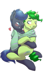 Size: 857x1257 | Tagged: safe, artist:hoodoo, oc, oc only, oc:bluemoon, oc:hoodoo, species:earth pony, species:pony, species:unicorn, g4, blushing, clothing, colored eyebrows, cuddling, earth pony oc, eyebrows, eyebrows visible through hair, gay, heart, male, scarf, shared clothing, shared scarf, shipping, simple background, snuggling, stallion, three quarter view, transparent background, unicorn oc