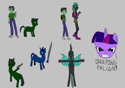Size: 1600x1125 | Tagged: safe, artist:derek the metagamer, character:queen chrysalis, character:twilight sparkle, oc, oc:derek the metagamer, species:changeling, my little pony:equestria girls, angry, equestria girls-ified, firealpaca, glare, gunblade, laser gun, random pony