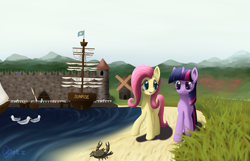 Size: 1500x963 | Tagged: safe, artist:galekz, character:fluttershy, character:twilight sparkle, species:crab, species:seagull, beach, castle, ocean, ship