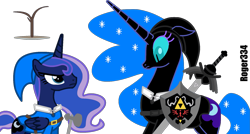 Size: 1717x920 | Tagged: safe, artist:roger334, character:nightmare moon, character:princess luna, crossover, dark link, group shot, hylian shield, link, megaton hammer, nintendo, simple background, the legend of zelda, the legend of zelda: ocarina of time, transparent background