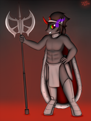 Size: 1280x1707 | Tagged: safe, artist:devs-iratvs, character:king sombra, species:anthro, axe, bare chest, cape, clothing, looking at you, magic, male, partial nudity, solo, topless, weapon