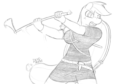Size: 1280x878 | Tagged: safe, artist:devs-iratvs, character:applejack, species:anthro, angry, axe, chainmail, female, missing accessory, monochrome, solo, viking, weapon