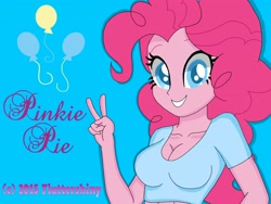 Size: 3648x2736 | Tagged: safe, artist:swagalicious-tony, artist:worldofdimensions, character:pinkie pie, my little pony:equestria girls, blue background, breasts, bust, cleavage, colored pupils, female, looking at you, portrait, simple background, solo