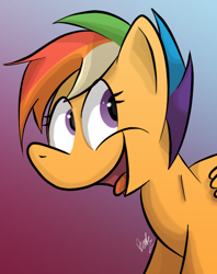 Size: 474x600 | Tagged: safe, artist:zestyoranges, character:scootaloo, species:pegasus, species:pony, female, filly, gradient background, happy, rainbow hair, solo, tongue out