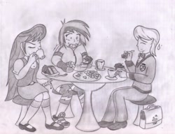 Size: 1987x1527 | Tagged: safe, artist:poseidonathenea, character:dj pon-3, character:frederic horseshoepin, character:octavia melody, character:vinyl scratch, my little pony:equestria girls, eating, humanized, messy eating, monochrome, pencil drawing, pinch, traditional art