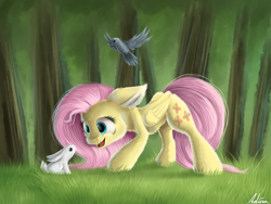 Size: 1600x1200 | Tagged: safe, artist:luminousdazzle, character:fluttershy, species:bird, species:rabbit, cute, ear fluff, female, floppy ears, fluffy, forest, grass, open mouth, smiling, solo, tree
