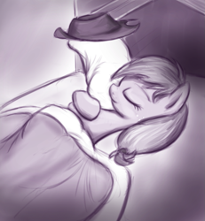 Size: 953x1031 | Tagged: safe, artist:fajeh, character:applejack, bed, cute, eyes closed, female, hug, jackabetes, pillow, sleeping, solo