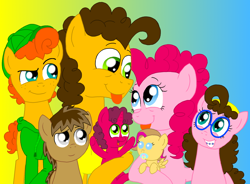 Size: 1024x754 | Tagged: safe, artist:crazynutbob, character:cheese sandwich, character:pinkie pie, oc, oc:berry blast, oc:cheesecake chase, oc:fudge fondue, oc:pizza pockets, oc:rocky road, parent:cheese sandwich, parent:pinkie pie, parents:cheesepie, ship:cheesepie, family, female, male, offspring, shipping, straight