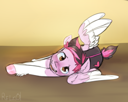 Size: 1024x819 | Tagged: safe, artist:rflzqt, oc, oc only, oc:plyr, species:pegasus, species:pony, awkward smile, blushing, cute, looking at you, lying down, male, on side, smiling, solo