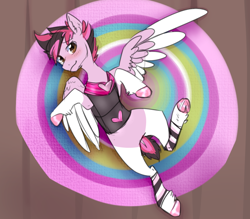 Size: 1024x896 | Tagged: safe, artist:rflzqt, oc, oc only, oc:plyr, species:pegasus, species:pony, blushing, clothing, cute, dyed mane, looking at you, lying down, on back, solo