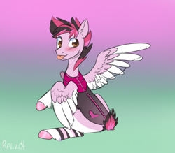 Size: 1024x896 | Tagged: safe, artist:rflzqt, oc, oc only, oc:plyr, species:pegasus, species:pony, blushing, clothing, femboy, male, short tail, sitting, spread wings, tongue out, wings