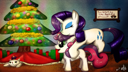 Size: 1600x900 | Tagged: safe, artist:spiritofthwwolf, character:opalescence, character:rarity, character:sweetie belle, christmas, christmas tree, eyes closed, sisters, tree