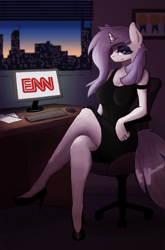 Size: 1700x2583 | Tagged: safe, artist:vulpessentia, oc, oc only, oc:platinum decree, species:anthro, species:plantigrade anthro, species:pony, species:unicorn, anthro oc, bedroom eyes, black dress, cable news network, chair, clothing, cnn, computer, crossed legs, desk, dress, earring, high heels, logo parody, looking at you, manehattan, monitor, off shoulder, office, piercing, sitting, smiling, solo, wedding ring, window