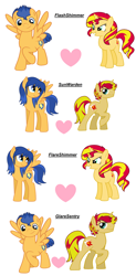 Size: 3068x6244 | Tagged: safe, artist:t-mack56, character:flash sentry, character:sunset shimmer, species:pegasus, species:pony, species:unicorn, ship:flashimmer, female, flare warden, flareglare, flareshimmer, gay, glaresentry, half r63 shipping, heart, lesbian, male, mare, raised hoof, rule 63, shipping, simple background, stallion, straight, sunset glare, white background
