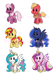 Size: 540x718 | Tagged: safe, artist:gopherfrog, character:big mcintosh, character:cheerilee, character:princess cadance, character:princess celestia, character:princess luna, character:sunset shimmer, species:alicorn, species:earth pony, species:pony, species:unicorn, cheeribetes, cute, cutedance, cutelestia, female, freckles, happy, hoof shoes, jewelry, lunabetes, macabetes, male, mare, open mouth, peytral, raised hoof, regalia, shimmerbetes, smiling, spread wings, stallion, wings